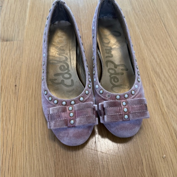 Sam Edelman Mauve Velvet Flats with Bow and Pearls kids girls shoes - Picture 5 of 14